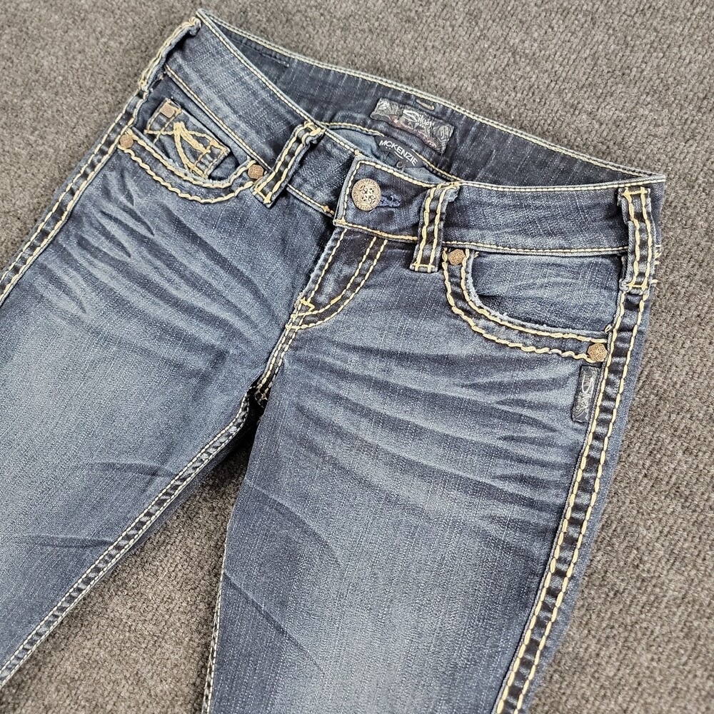 Silver Jeans McKenzie Bootcut Womenโs 28 X 34 Thick Stitch Y2K Flap Pocket